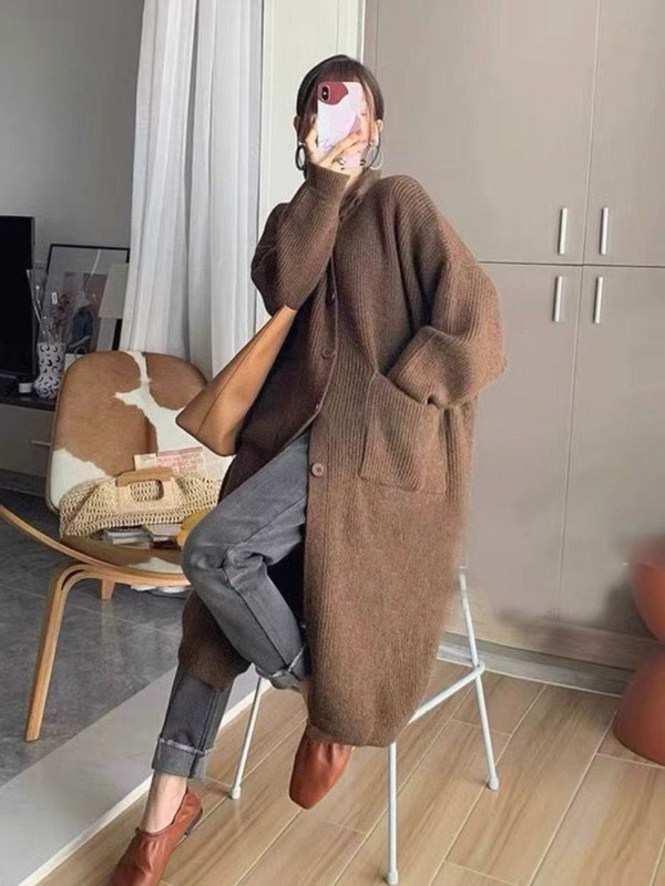 厚实软糯慵懒风粗针毛衣开衫女设计感小众高领中长款针织大外套|undefined
