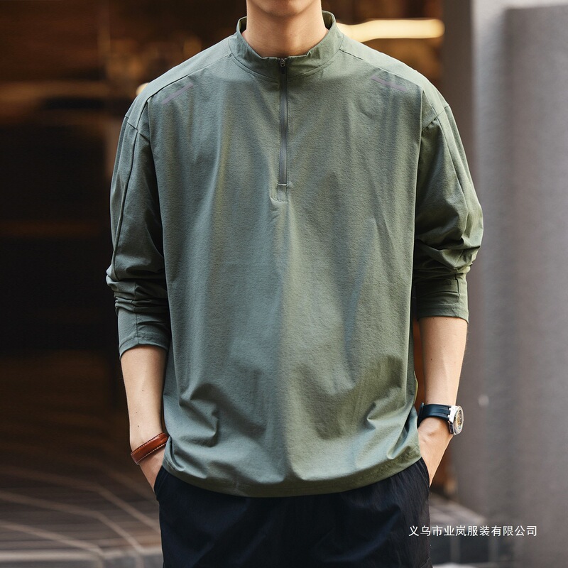American-style outdoor cycling half-turtleneck zip-up long-sleeve T-shirt, men's new autumn collection, quick-drying base layer for hiking American-style outdoor cycling half-turtleneck zip-up long-sleeve T-shirt, men's new autumn collection, quick-drying base layer for hiking
