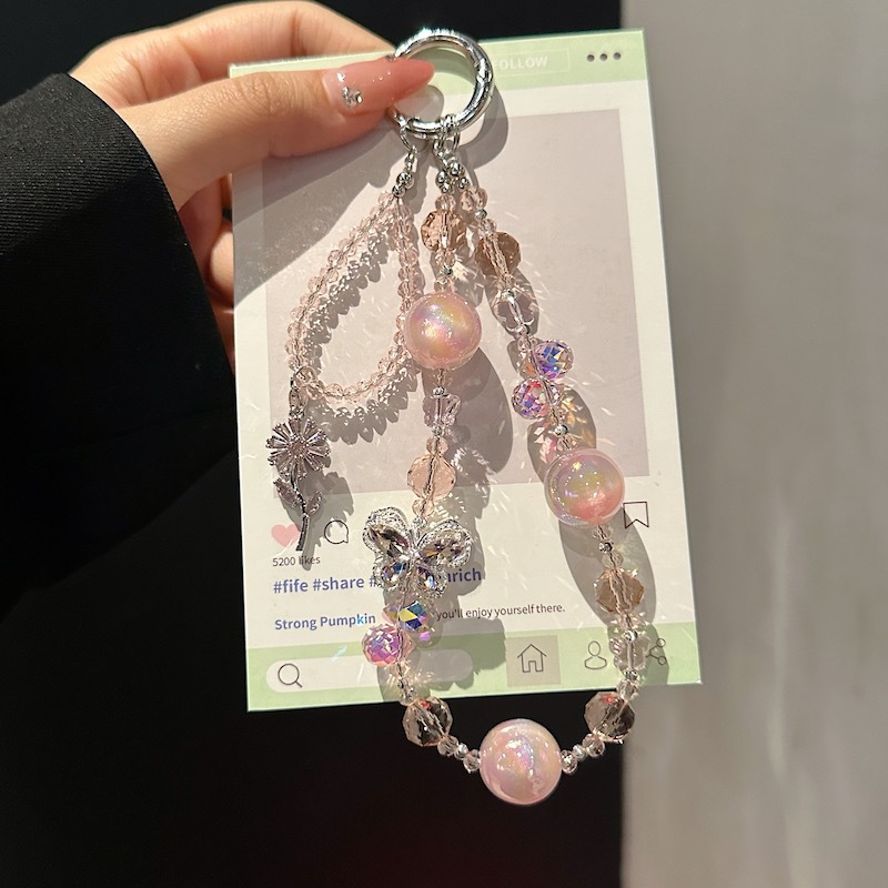 Boutique hecho a mano de alta gama teléfono móvil cadena colgante mariposa cuentas de vidrio cadena larga cordón de teléfono móvil de moda colgante de mensajero largo