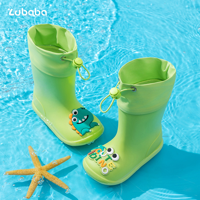 Pig Daddy Kidsren's Rain Boots Kidsren's Rubber Shoes Boys and Girls Drawstring Mid-Calf Rain Boots Non-Slip Waterproof Kindergarten Water Shoes