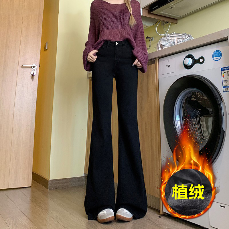 加绒保暖复古蓝高腰微喇牛仔裤女宽松显瘦时尚百搭不贴腿微喇裤子|undefined