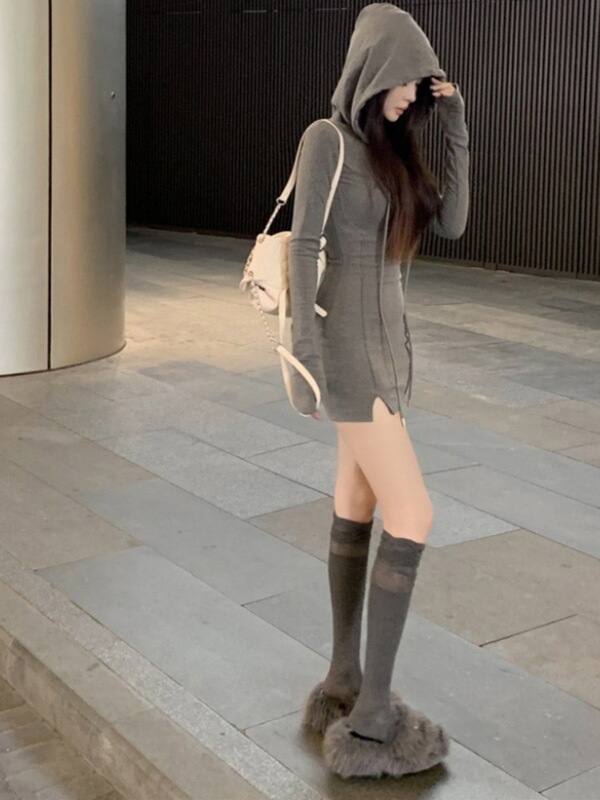 Trendy and Unique Tight-Fitting Hooded Bodycon Dress for Women, Spring and Autumn, Petite Waist-Cinching Sweet Dress