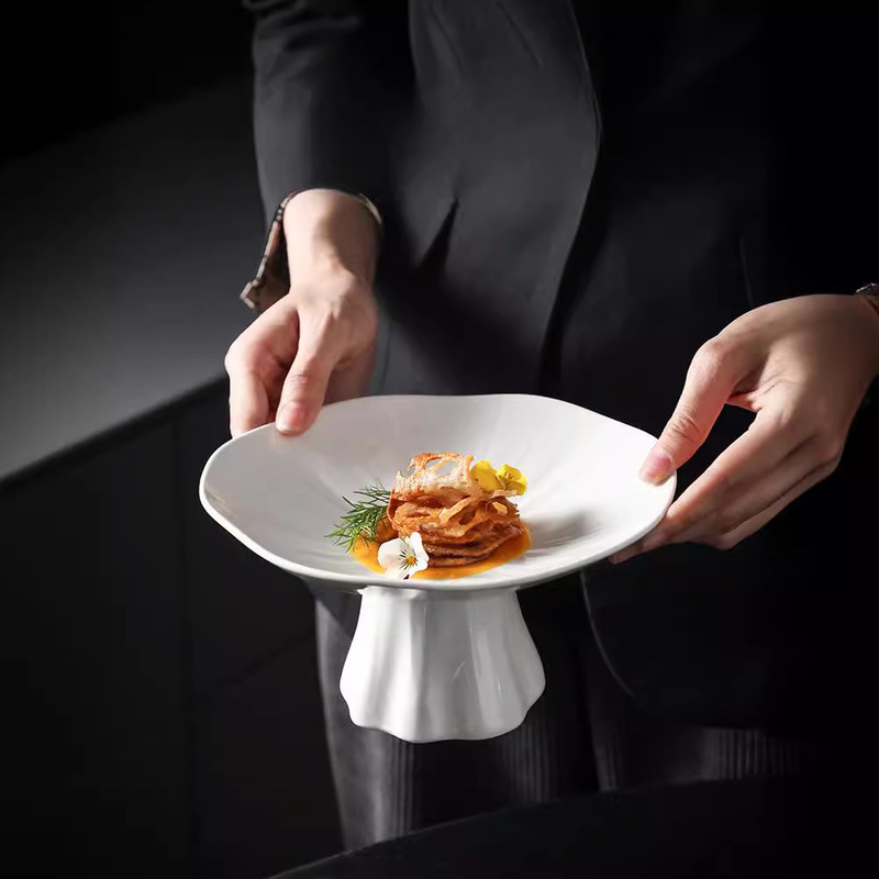 Ceramic Home Dim Sum High Feet Plate High Feeling Display Plate Snacks Cold Dishes Creative Fruit Tray Tableware