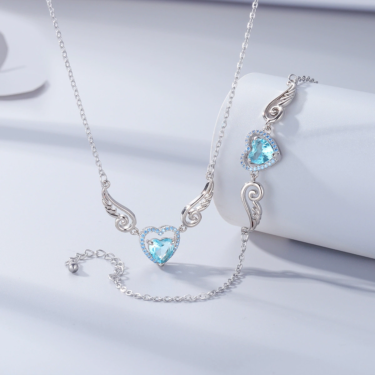Zirconium, pendant, necklace and bracelet, set for St. Valentine's Day, angel wings, jewelry, for import, new collection