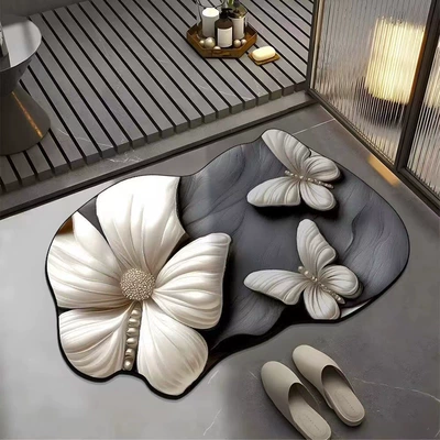 Visual 3D Flower Butterfly Diatom Mud Floor Mat Home Bathroom Non-Slip Absorbent Foot Mat Entrance Easy Care Foot Mat