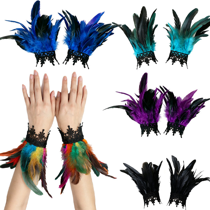 Cross-border black lace feather wristband gothic style wrist strap decoration for Halloween, dance party, and costume props