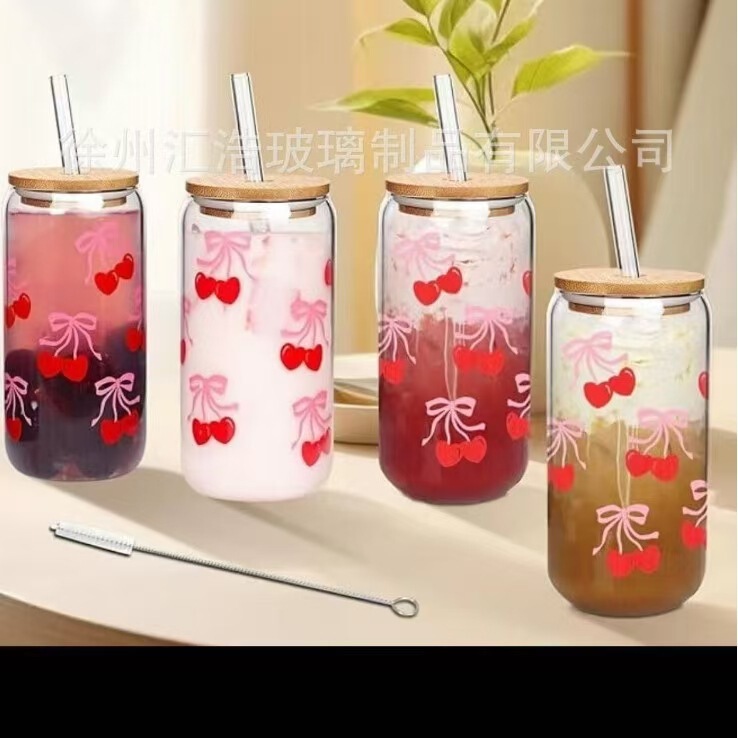 Cross-border Amazon New Internet Celebrity Coke Cup 16oz Mason Cup Bamboo Lid Glass Drink Juice Cup with Straw Cross-border Amazon New Internet Celebrity Coke Cup 16oz Mason Cup Bamboo Lid Glass Drink Juice Cup with Straw