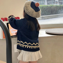 手工球球女童针织开衫藏蓝色翻领毛衣厚外套针织衫欧美风秋冬新款