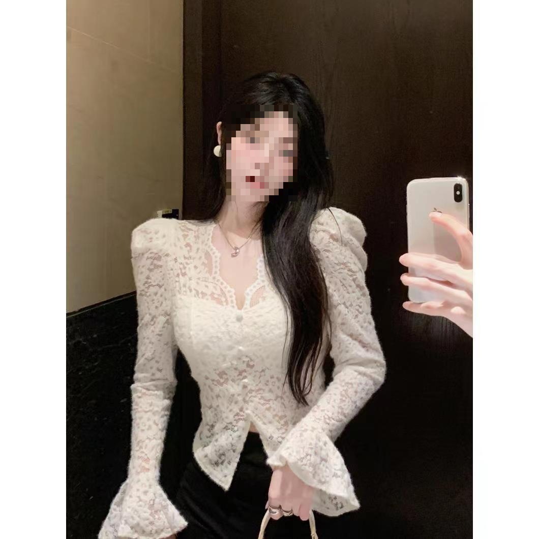 Autumn New Puff Sleeve French Style Slim Fit Brushed Lace Top V-Neck Short Base Layer Long Sleeve Top for Women