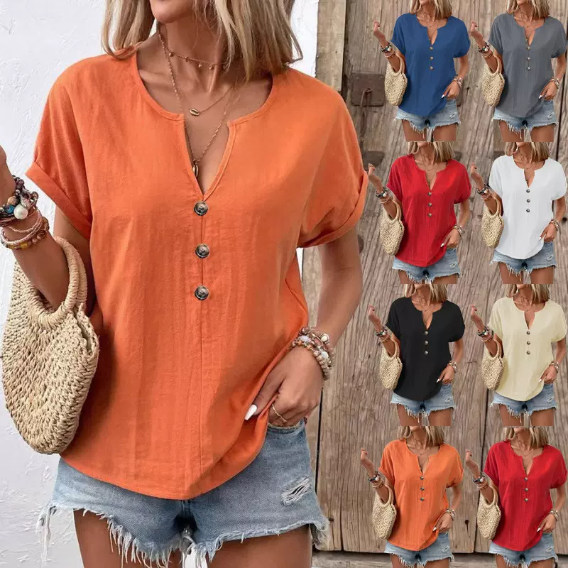 2025夏季新款欧美独立站速卖通亚马逊女装纽扣v领短袖t恤上衣女