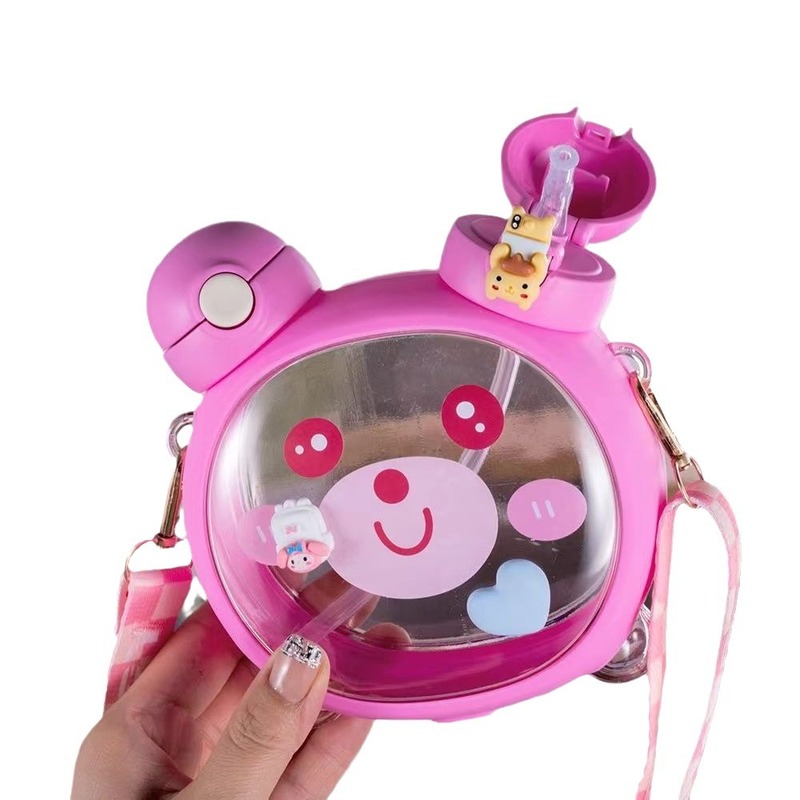 女の子用のかわいいクマのウォーターカップ、見栄えの良いカップ、子供用ウォーターカップ、ストローカップ、夏の学生用ポータブル斜めケトルカップ|undefined
