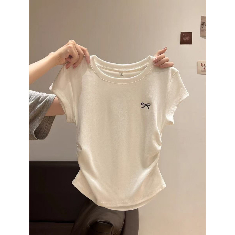 ピュアコットン右肩ラウンドネック半袖Tシャツレディース夏新作プリーツウエストデザインスリムショートプリントトップ|undefined