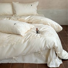 轻奢风长绒棉花卉刺绣时尚绑带枕套全棉四件套白色小众被套床单