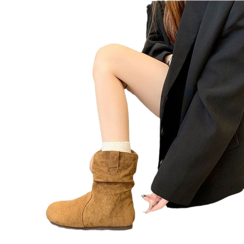 Women's Round Head Flat Short Boots Autumn/Winter Fleece Thick Short Boots Pile Boots Wasteland Wind Short Boots for Women