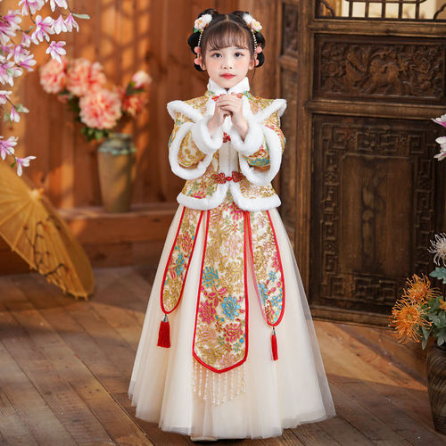 Girls' Chinese style winter Hanfu, plush and thickened New Year's greetings qipao cheongsam dress for girls new ancient dress, New Year's festive New Year's clothing