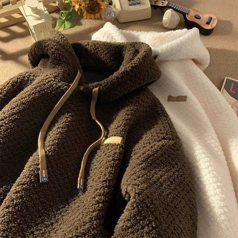 羊羔绒连帽卫衣男冬款加绒加厚oversize美式外套秋冬新款潮牌上衣