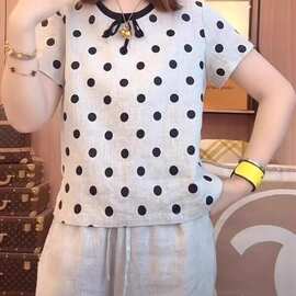 设计感波点印花亚麻短袖恤女夏季洋气显瘦宽松时尚休闲上衣
