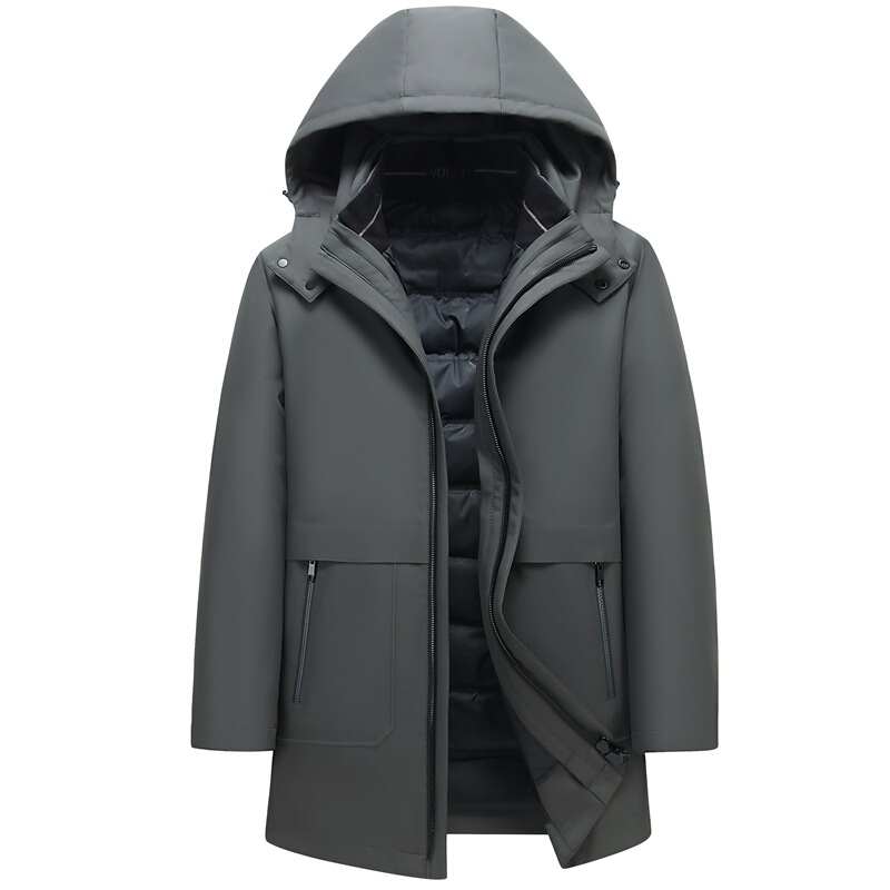 Men's Detachable Thickened Liner down Jacket, Available in Multiple Colors, with Large Fur Collar, Hooded, Windproof, Simple Design, Large Pockets, Warm