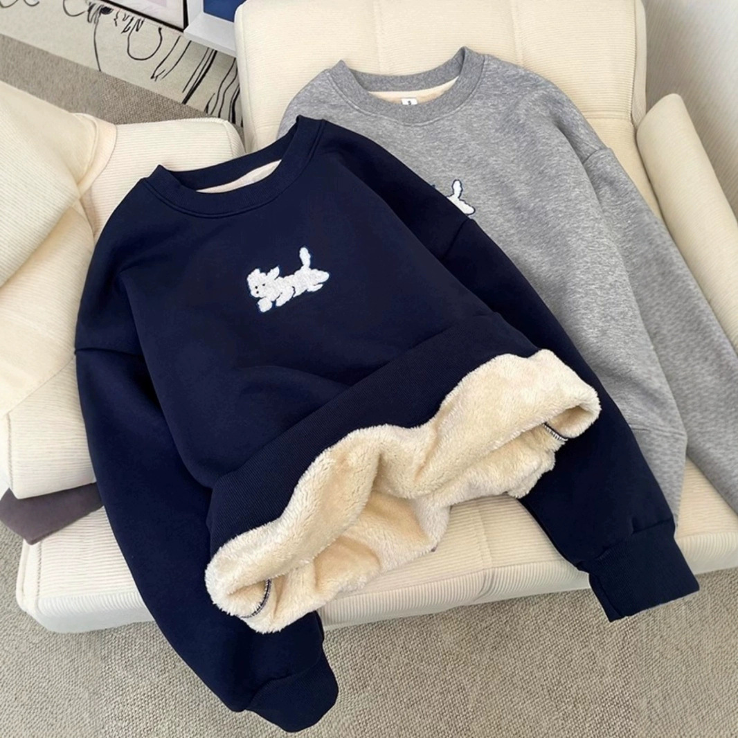 美式圆领卫衣女加绒秋冬季设计感小众刺绣大码情侣款羊羔绒棉外套