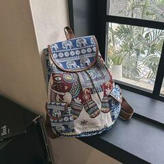 エスニックスタイルの刺繍入り象バックパック、女性用レトロプリント大容量キャンバスバッグ、文学的で芸術的な旅行用布バッグ、民族風