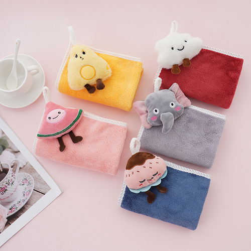 Coral velvet hanging towel cartoon plush hand towel cute thickened water-absorbent lint-free children's square towel wholesale