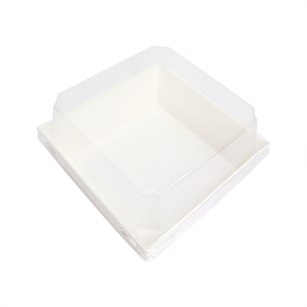 Caja de embalaje de pastel de queso, pastel de queso pequeño cuadrado transparente, cubierta de papel y plástico, caja de horneado de punto oeste