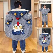 儿童新款睡衣男童中长款奥特曼秋冬三层夹棉加厚加绒珊瑚绒家居服
