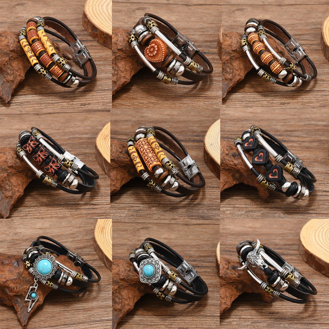 欧美热销复古皮革手链绿松石仿木配件旅游纪念饰品跨境单条多层手