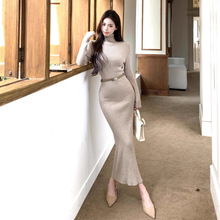 66237 欧美跨境外贸女装纯欲高领收腰紧身开叉包臀针织毛衣连衣裙