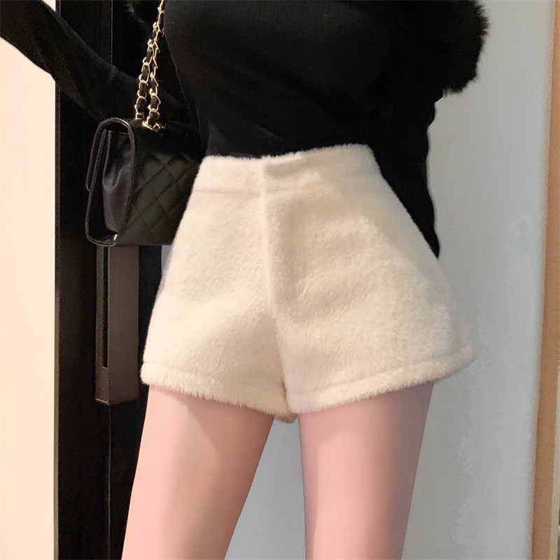 (2개) 흰색 높은 허리 A 자형 캐주얼 반바지 여성 가을 겨울 새로운 한국 스타일 캐주얼 단순 캐주얼 다목적 와이드 레그 바지