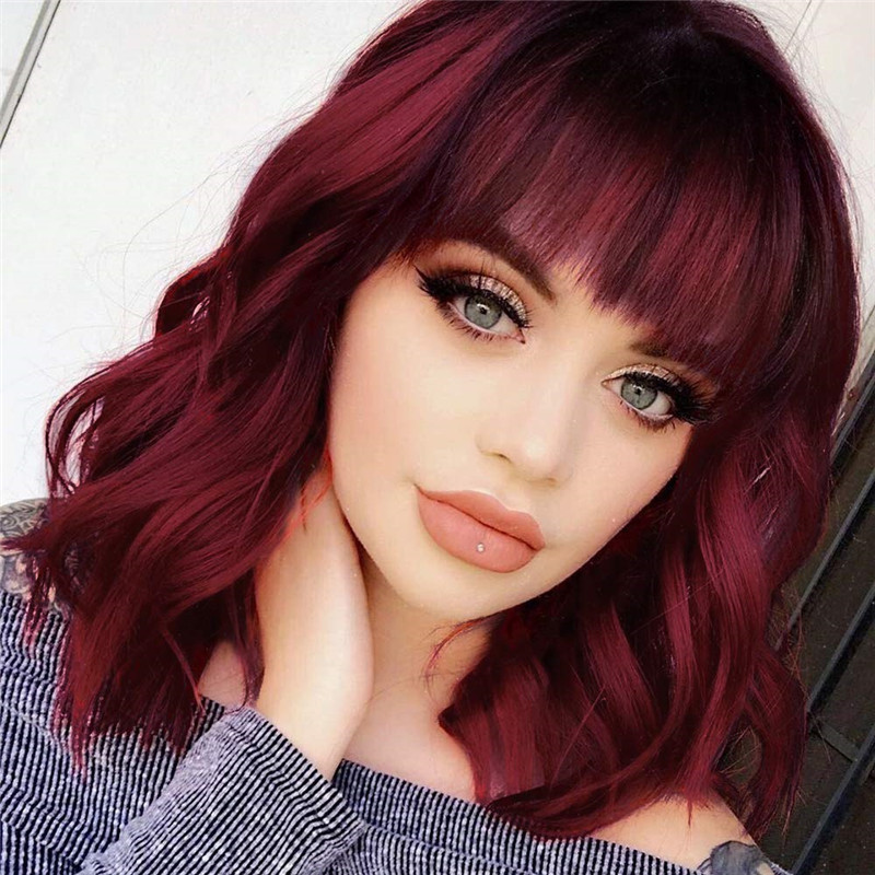 European and American women's short curly hair air neat bangs corn perm curls multicolor chemical fiber hair high temperature silk wig wine red European and American women's short curly hair air neat bangs corn perm curls multicolor chemical fiber hair high temperature silk wig wine red