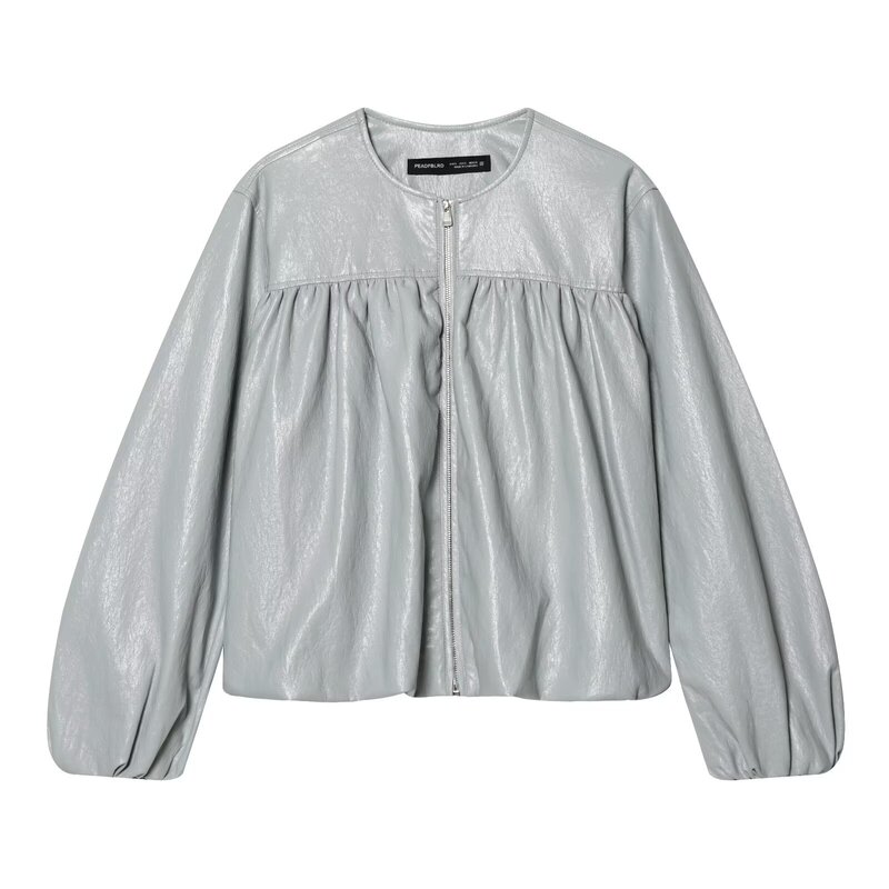 European and American wholesale 2026 summer new women's fashion casual faux leather balloon sleeve jacket B4-13945 European and American wholesale 2026 summer new women's fashion casual faux leather balloon sleeve jacket B4-13945