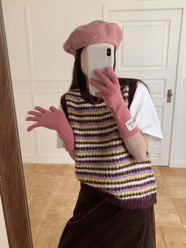 多巴胺撞色条纹针织马甲背心女秋季新款甜美减龄叠穿毛衣马夹上衣|undefined