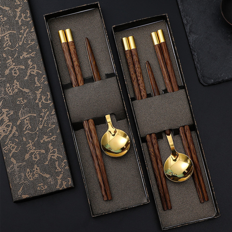 Dome Fu children's chicken wings wooden chopsticks spoon carton portable tableware stainless steel imitation wooden handle spoon set Wholesale