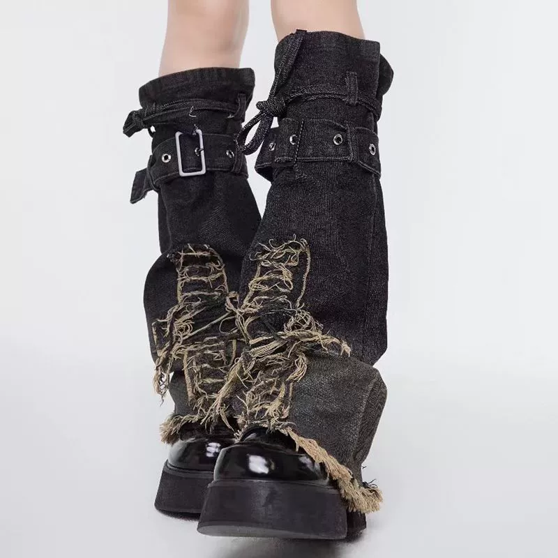 Retro denim gaiters, mid-length, distressed knee design, adjustable strap, one size