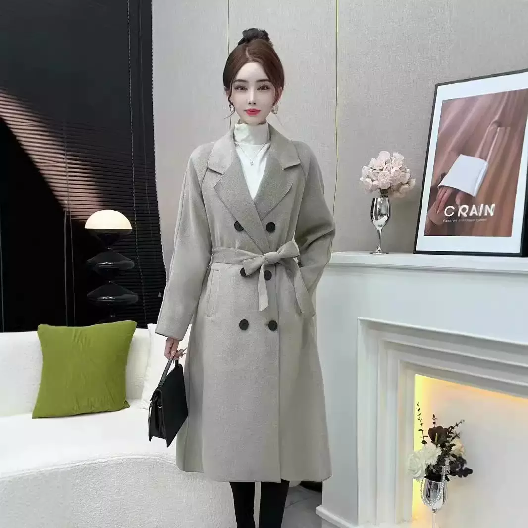 2024新款双面毛呢秋冬大衣女中长款收腰修身宽松显瘦简约风外套