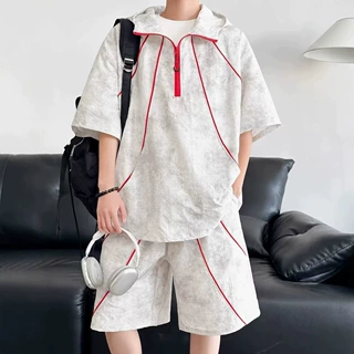 2026新夏季肌理感连帽半拉链套装男款宽松潮流运动俩件套现货