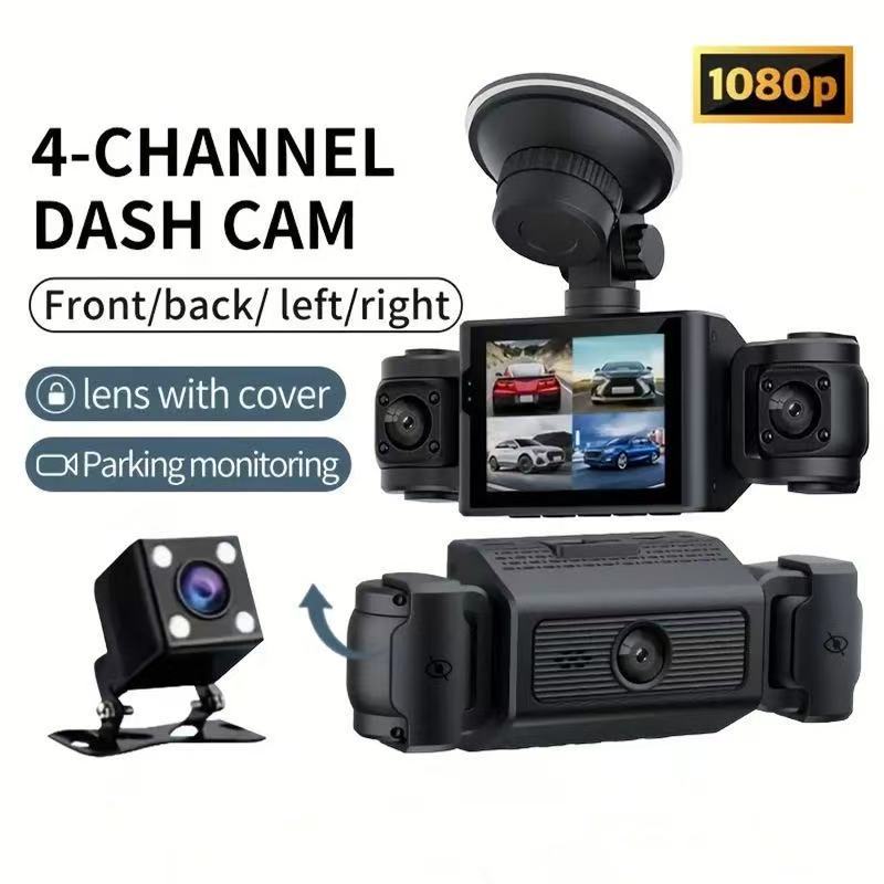 Four-lens dashcam with front and rear dual recording + four-way HD night vision for left and right blind spots, and app connectivity for reverse image display