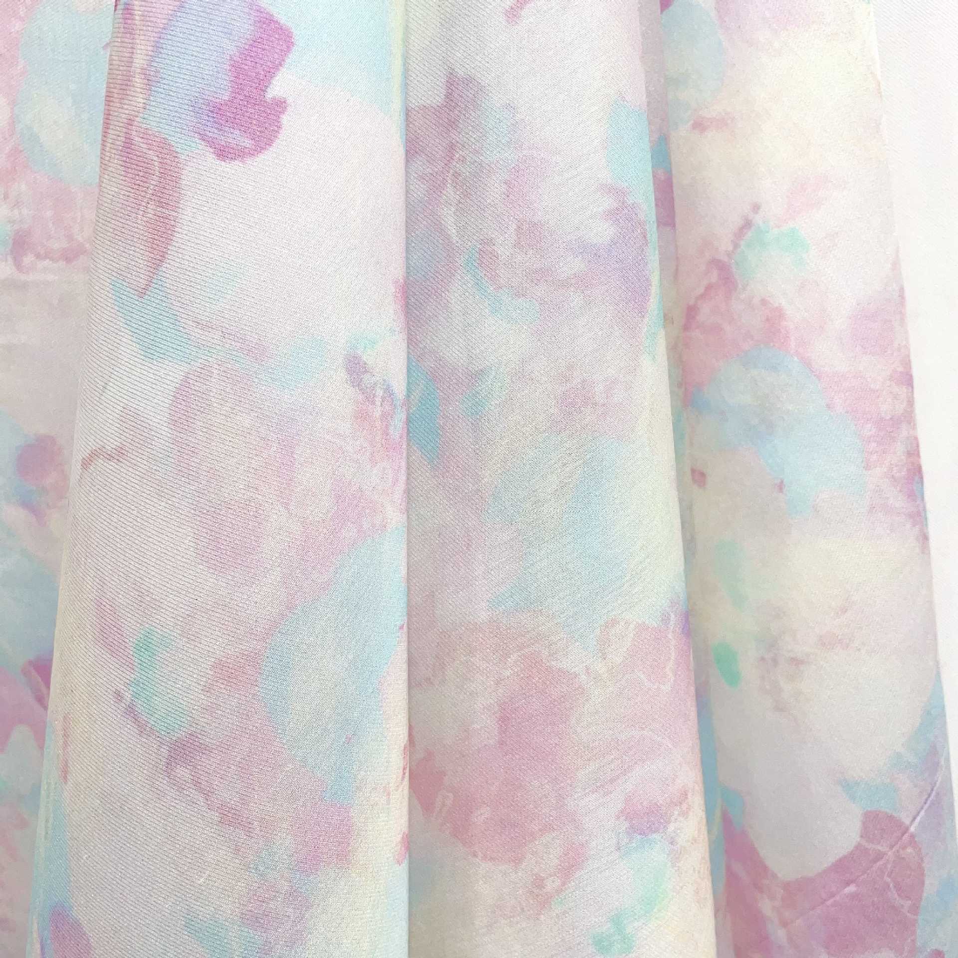蓝粉水墨晕染现货天丝印花柔和浪漫数码印花面料