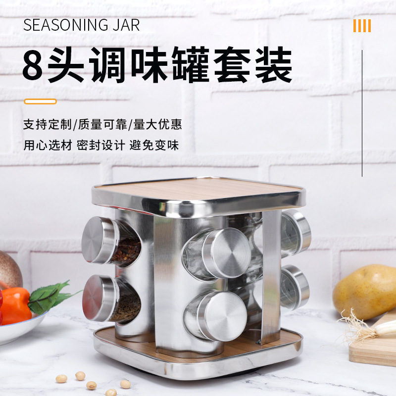 Botella de condimento base giratoria botella de condimento de acero inoxidable 8 combinación traje condimento botella de condimento de vidrio botella de condimento al por mayor