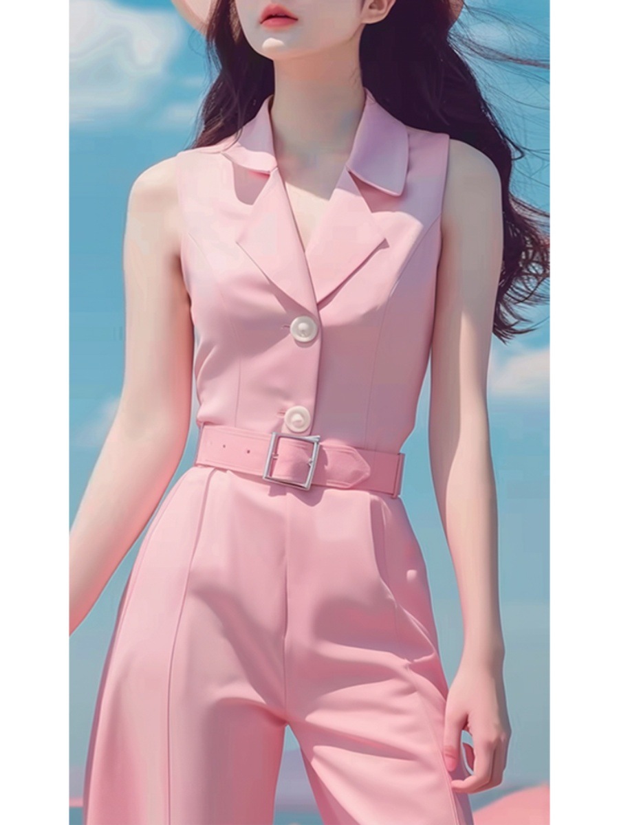 Bộ jumpsuit nữ dài tay màu hồng phong cách dopamine mùa hè cao cấp — Màu hồng