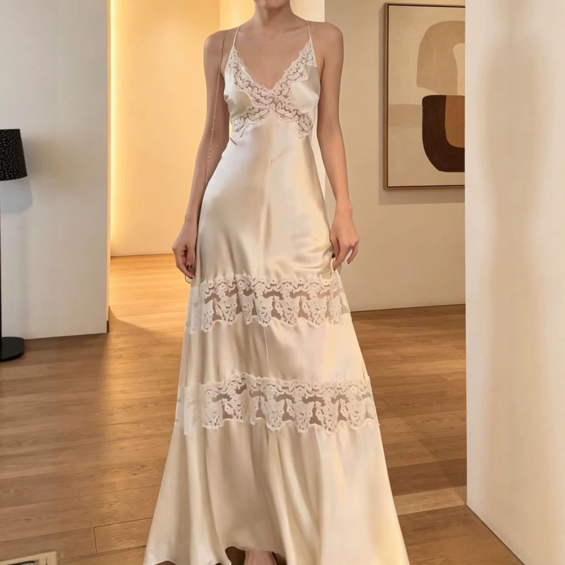 Celebrity-Inspired French-Style White Moonlight Satin Lace Patchwork Spaghetti Strap Dress for Women, Summer Fairy-Like Long Dress