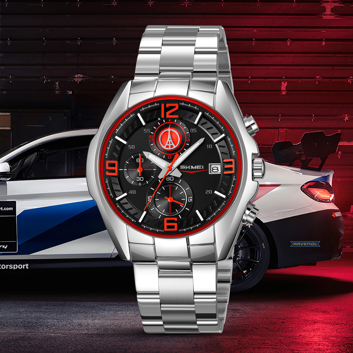 Momentos de relojes de hombre transfronterizos de acero correa de tres ojos seis agujas multifuncional relojes de cuarzo calendario de relojes de pulsera al por mayor