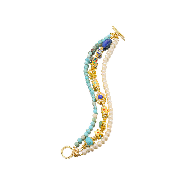 Pulsera de perlas de agua dulce natural para niñas pulseras de tres capas de cloisonné turquesa de alta calidad