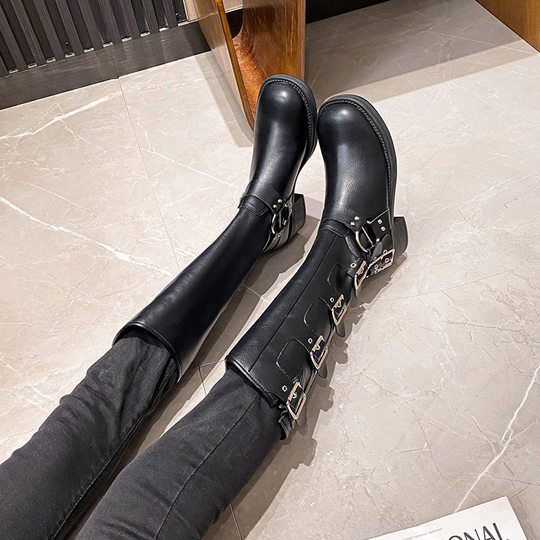 Women's round-toe ankle boots, thick-heeled leather buckle, thick-soled, western mid-calf Knight Martin boots, summer