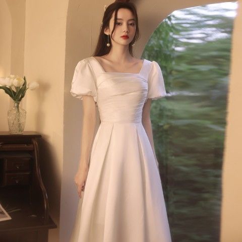 Vestido de noche para mujer, estilo 2026, ajustado, para registro de matrimonio, vintage, de satén, para compromiso, blanco, talla pequeña