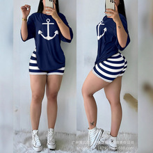 LZJ2766A3女装字母印花短袖宽松T恤+印花紧身短裤两件套装