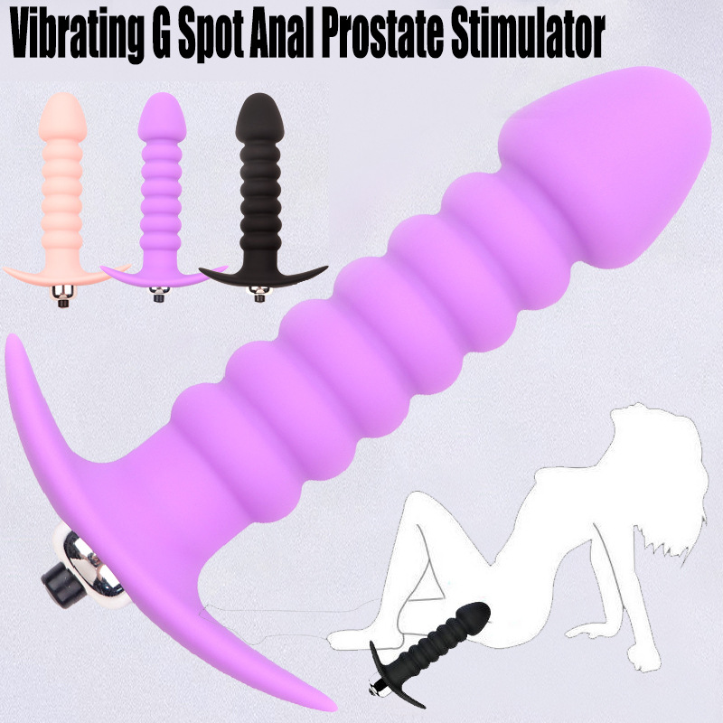 Vibrating Silicone Anal Plug with Ribbed Texture and Button Control — detail image 2