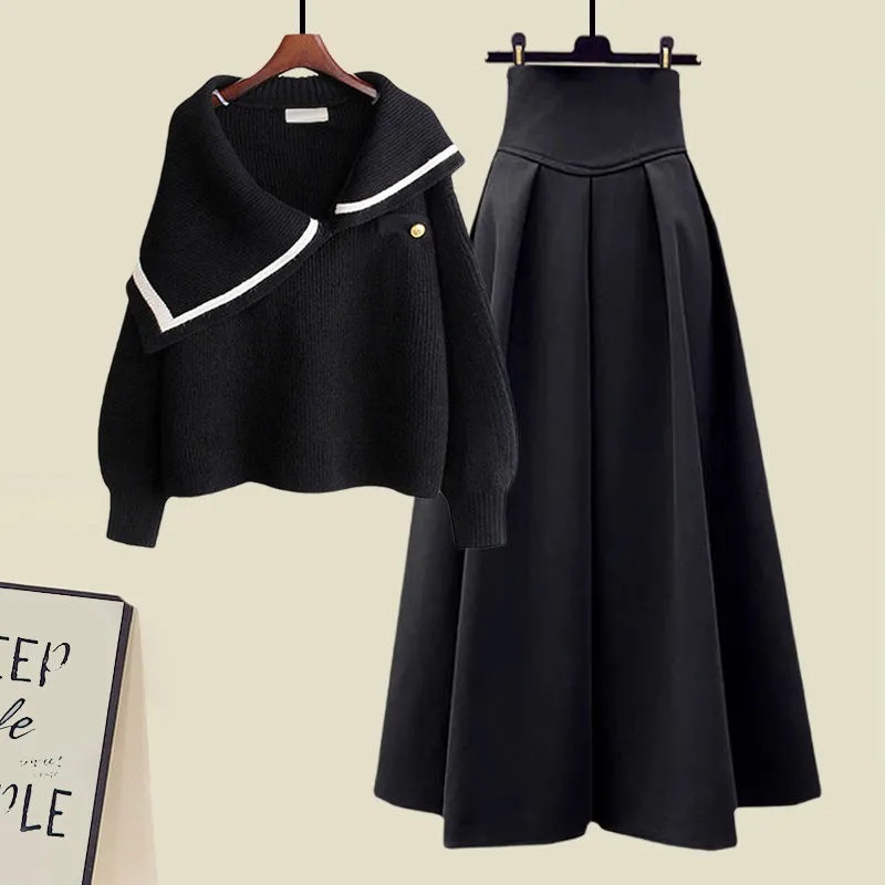 Damenbekleidung Große Größen Herbst- und Winteranzüge für Damen Neue lockere Marineblau-Kragenpullover Schlanker Rock Zweiteiliger Anzug Trendy_voghion.com