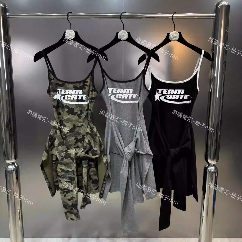 Grapefruit mm2025 Summer Thin Shoulder Strap Sleeveless English Letter Front Lace Apron Design Fake Two-piece dress